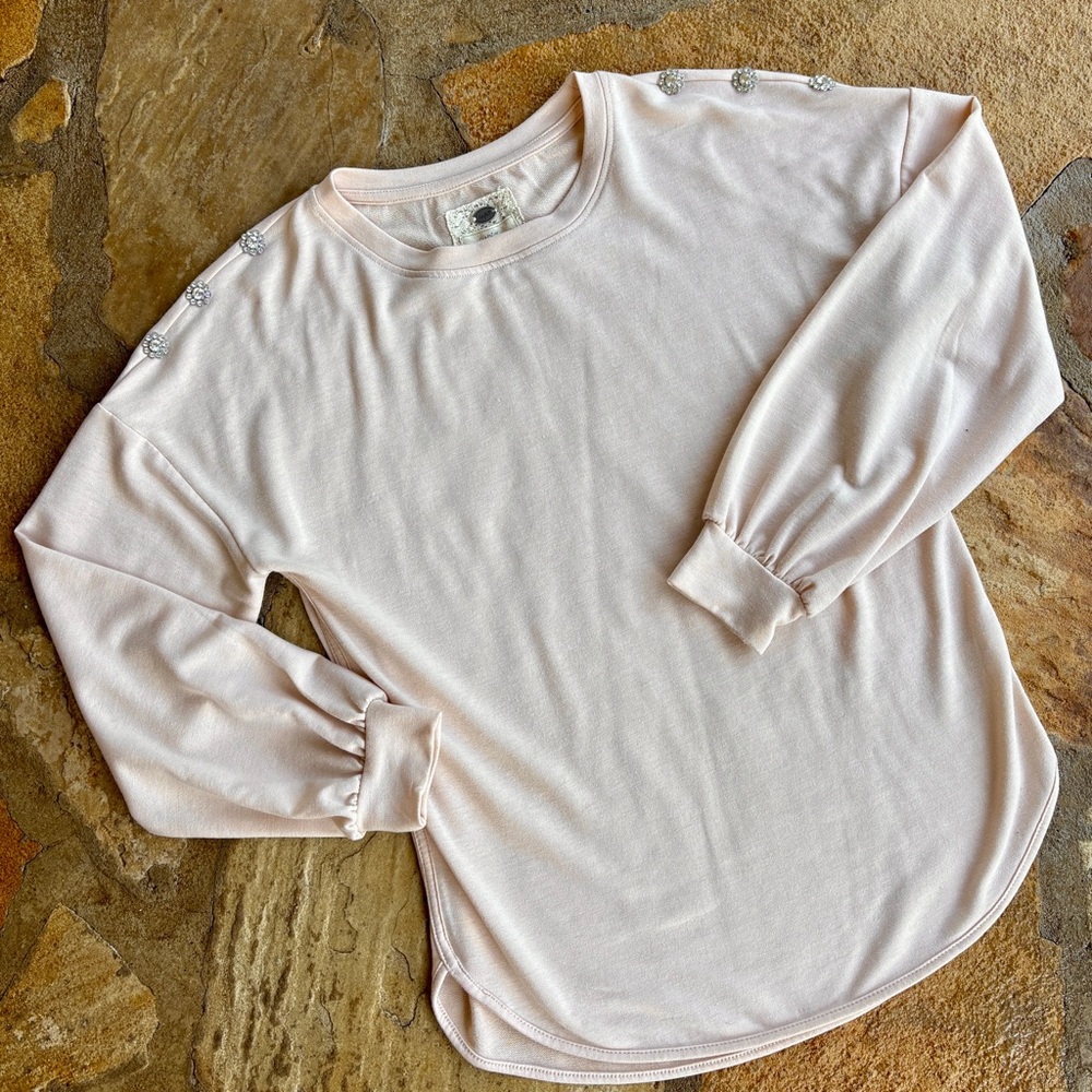 Tan Long Sleeve Top with Rhinestone Button Accents
